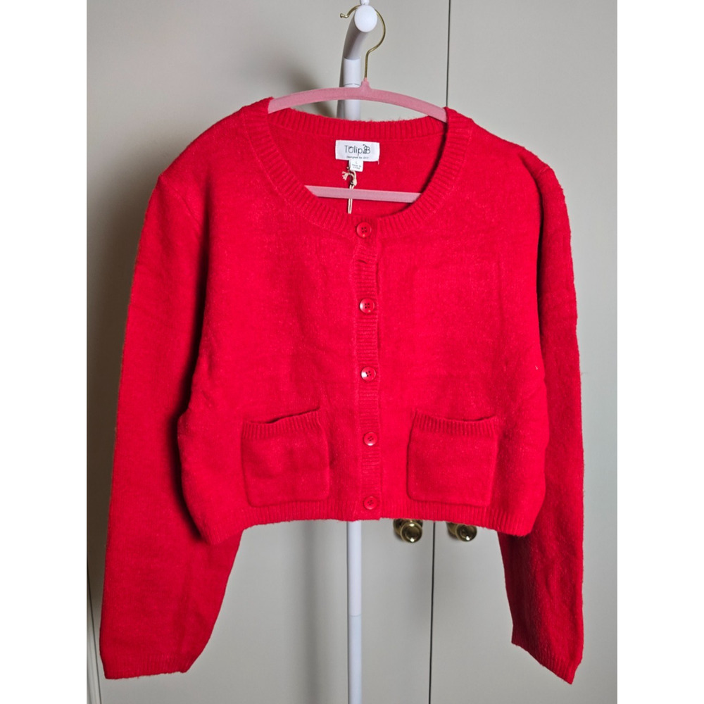 Tulip B Red Cropped Button Front Cardigan Sweater Pockets Size L NWT - Picture 2 of 6